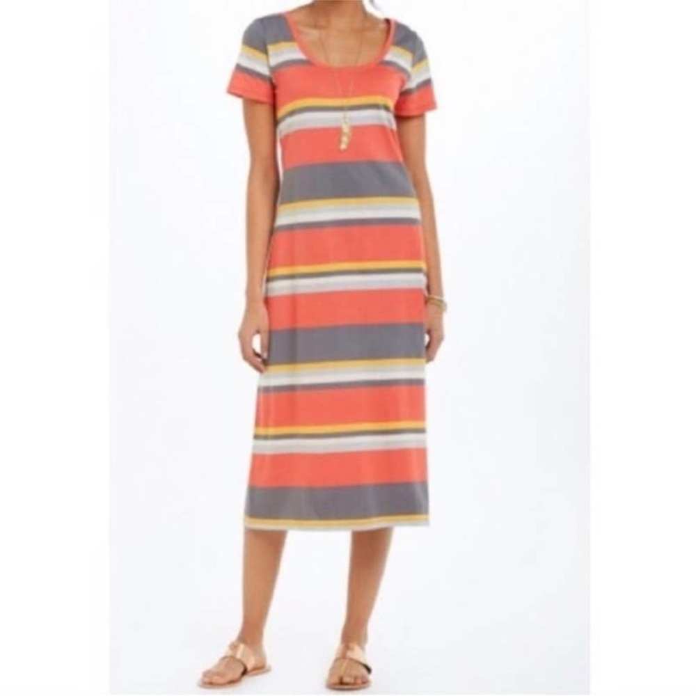 Anthropologie Coral and Gray Striped Midi Dress